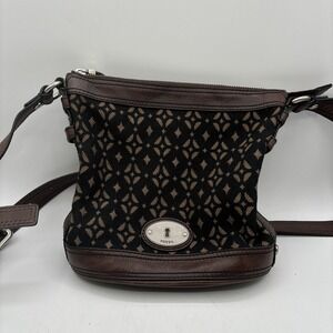 Fossil Maddox Black Brown Canvas Leather Bucket Shoulder Bag‎ Vintage